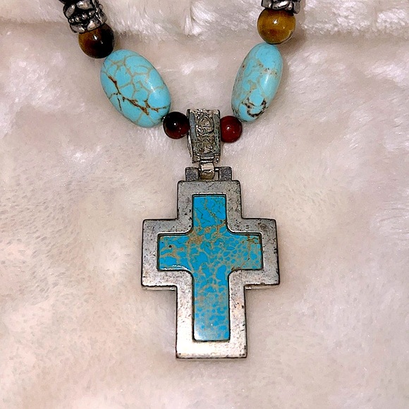 ✝️ BOHO 18” TURQUOISE & TIGERS EYE BEADED MACRAME NECKLACE w/SILVER-TONE ACCENTS - Picture 3 of 7